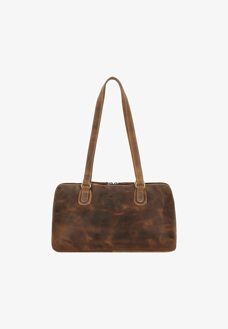 Borsa a mano in pelle marrone con texture liscia, forma rettangolare, due manici superiori e chiusura con zip. Presenta cuciture decorative visibili.