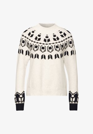 Valkoinen neulepusero, jossa on mustia geometrisia kuvioita kaarrokeosassa, hihojen resoreissa ja ylähihoissa. Puserossa on ribbaus ympyräkaula-aukossa ja helmassa.