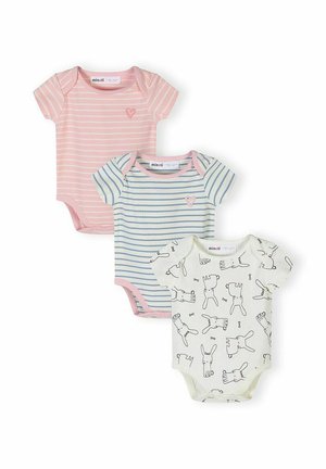 Trzy krótkie body dla niemowląt: różowe w paski z sercem, białe z niebieskimi paskami i różowymi lamówkami z sercem oraz białe z czarnym nadrukiem królika.