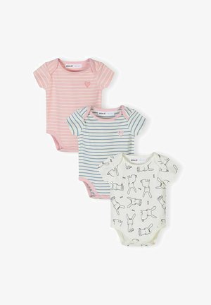 Trzy krótkie body dla niemowląt: różowe w paski z sercem, białe z niebieskimi paskami i różowymi lamówkami z sercem oraz białe z czarnym nadrukiem królika.