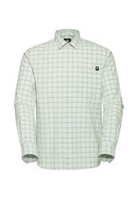 Camicia a maniche lunghe verde chiaro con un motivo a griglia in verde scuro. Presenta un colletto con bottoni, una tasca frontale e cinque bottoni sul davanti.