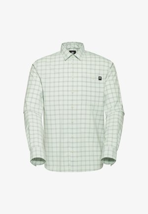 Chemise à manches longues vert clair avec un motif à carreaux vert foncé. Elle a un col à boutons, une poche sur le devant et cinq boutons sur le devant.