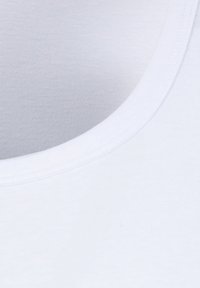 White cotton t-shirt featuring a round neckline. Fabric is smooth with a subtle sheen. Seam detailing around the neckline is visible.