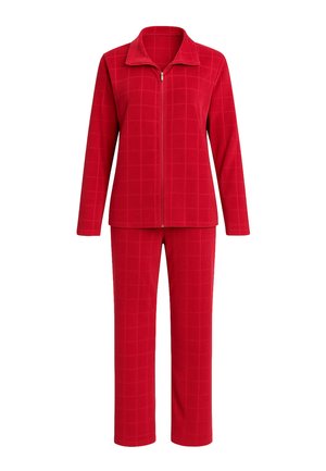 Rood langarmig jack met ritssluiting en bijpassende wijde broek met subtiel gestikt rasterpatroon.