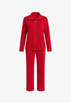Veste zippée rouge à manches longues et pantalon large assorti avec un motif quadrillé subtilement cousu.