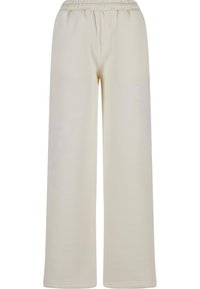 Pantalons larges de couleur crème en tissu doux. Présentent une taille élastique et des accents de motif subtils sur les côtés.