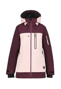 Ski jacket in dark burgundy and light pink. Features a zippered chest pocket, adjustable hood, and cuffs with Velcro fasteners.