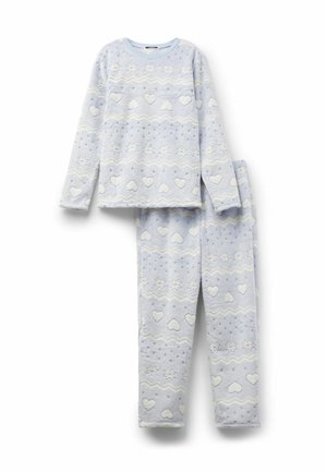 Light blue pajama set made of soft, fluffy fabric. Features heart and snowflake patterns with white accents on the top and pants.