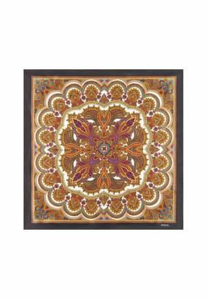 Square patterned scarf featuring intricate paisley design in warm colors like gold, orange, and purple, with black border detailing.