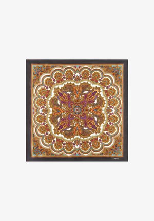 Square patterned scarf featuring intricate paisley design in warm colors like gold, orange, and purple, with black border detailing.