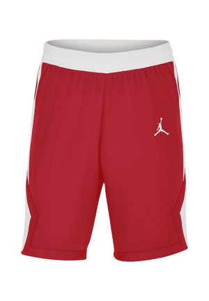 Pantaloncini da basket rossi con fascia in vita bianca e pannelli laterali, con un piccolo logo Jumpman bianco sulla gamba anteriore destra.