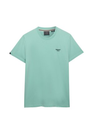 Minzgrünes Baumwoll-T-Shirt mit kurzen Ärmeln, Rundhalsausschnitt und kleinem schwarzem "Superdry & Co"-Logo auf der linken Brust.