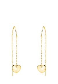 Orecchini placcati in oro con un ciondolo a forma di cuore su una catena, caratterizzati da un design a gancio sottile ed allungato e una finitura lucida.