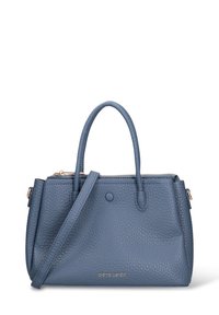 Borsa a mano in pelle blu con superficie strutturata, doppi manici e tracolla removibile. Dotata di dettagli in metallo color oro e chiusura con zip.