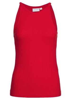 Rode geribbelde mouwloze tanktop met een ronde halslijn, smalle schouderbandjes en een klein merkembleem aan de binnenkant van de kraag.