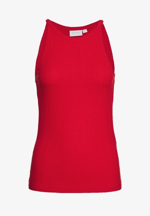 Débardeur sans manches rouge côtelé avec un col rond, des bretelles étroites et une petite étiquette de marque à l'intérieur du col.