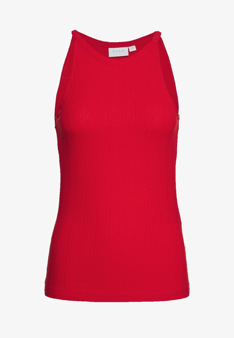 Débardeur sans manches rouge côtelé avec un col rond, des bretelles étroites et une petite étiquette de marque à l'intérieur du col.