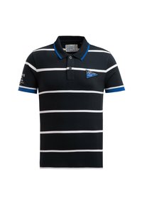 Black polo shirt with horizontal white stripes, blue collar accents, and a triangular blue logo patch on the chest. Features three buttons.