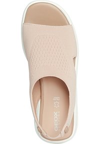 Sandalo slip-on rosa chiaro con tomaia lavorata a maglia, soletta liscia e suola in gomma bianca. Presenta un design traspirante e dettagli con logo.