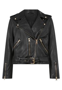Giacca da motociclista nera in pelle con un design aderente, dettagli in metallo dorato, molteplici tasche frontali con zip e vita con cintura. Presenta spalline sulle spalle.