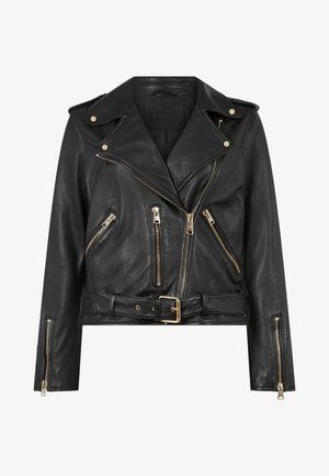 Black leather biker jacket with a fitted design, gold zip hardware, multiple front zip pockets, and a belted waist. Features shoulder epaulets.