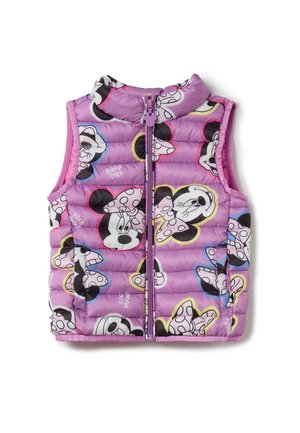 Veste matelassée violette pour enfants avec fermeture éclair à l'avant, présentant plusieurs visages de Minnie Mouse portant des nœuds à pois, affichant diverses expressions.