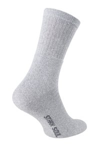 Calzino di cotone grigio con texture a coste e tallone rinforzato. Presenta un logo stampato alla caviglia. Design a lunghezza standard per il polpaccio.