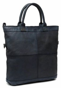 Borsa a tracolla in pelle blu navy con due manici superiori, texture liscia, forma quadrata e cuciture a contrasto. Presenta dettagli in metallo sui manici.