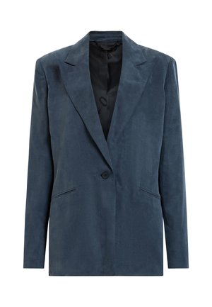Donkerblauwe blazer van gladde stof, met één knoopsluiting, spitse revers en twee voorkruiszakken. Gevoerde binnenkant met minimale details.