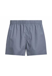 Pantaloni da bagno da uomo, con vita elastica, realizzati in tessuto leggero; color grigio chiaro unito, vestibilità comoda, senza tasche visibili né motivi.