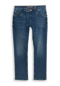 Donkerblauwe jeans met rechte pijpen van denim. Heeft voorzakken en een ritssluiting, met subtiele vervagingen en stikseldetails op de tailleband.