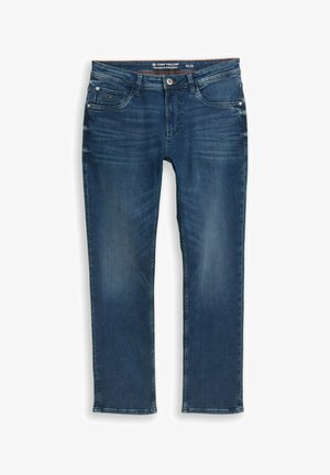 Dunkelblaue Jeans mit geradem Bein aus Denim. Verfügt über Vordertaschen und einen Reißverschluss, mit dezentem Verblassen und Ziernähten am Bund.