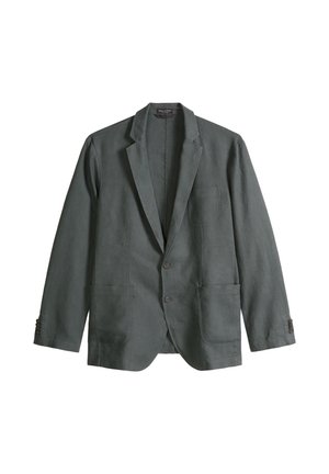 Ciemnoszary męski blezer z wciętymi klapami, dwoma przednimi guzikami, trzema naszywanymi kieszeniami i mankietami na guziki, prezentowany na białym tle.