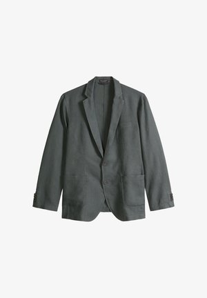 Ciemnoszary męski blezer z wciętymi klapami, dwoma przednimi guzikami, trzema naszywanymi kieszeniami i mankietami na guziki, prezentowany na białym tle.