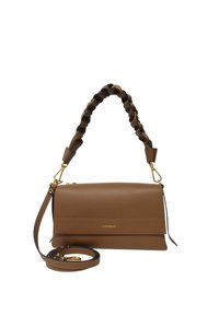 Borsa a tracolla in pelle marrone con manico intrecciato e cintura staccabile. Dettagli in hardware dorato e texture liscia.