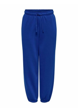 Niebieskie dresy wykonane z miękkiego materiału, z elastycznym pasem w talii oraz regulowanym sznurkiem i elastycznymi mankietami przy kostkach.