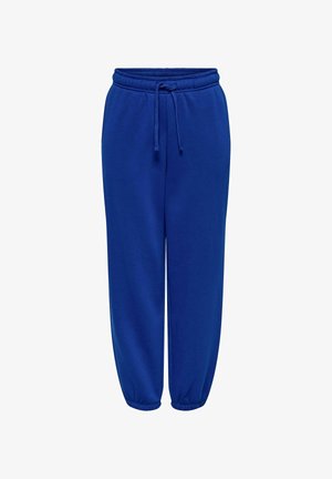 Blå sweatpants lavet af blød stof, med en elastisk talje med justerbar snor og elastiske manchetter ved anklerne.