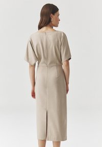 Beige mekko polvipituudella, jossa on lyhyet, leveät hihat, suora leikkaus, takana vetoketjukiinnitys ja keskellä takana halkio liikkumista varten.