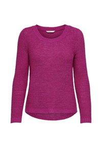 Maglione viola lavorato a maglia con maniche lunghe, scollo rotondo e orlo posteriore leggermente più lungo. La texture è spessa con una finitura morbida.