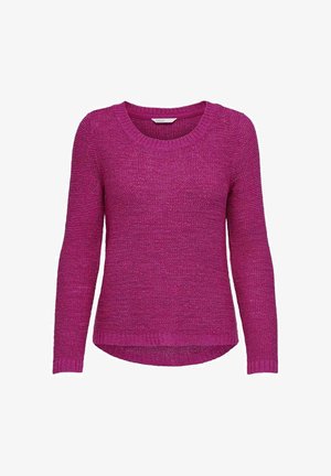 Maglione viola lavorato a maglia con maniche lunghe, scollo rotondo e orlo posteriore leggermente più lungo. La texture è spessa con una finitura morbida.