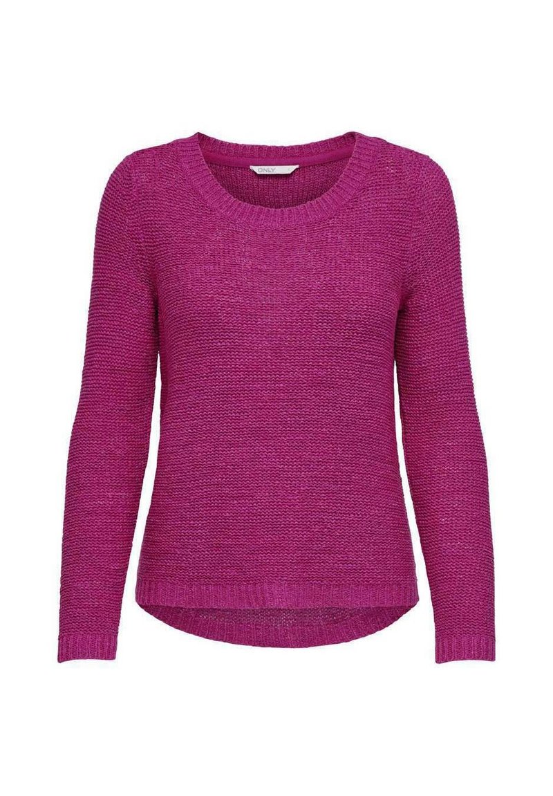 Maglione viola lavorato a maglia con maniche lunghe, scollo rotondo e orlo posteriore leggermente più lungo. La texture è spessa con una finitura morbida.