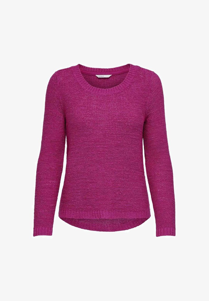 Maglione viola lavorato a maglia con maniche lunghe, scollo rotondo e orlo posteriore leggermente più lungo. La texture è spessa con una finitura morbida.