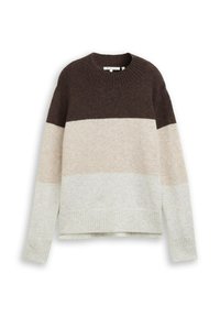 Maglione lavorato a maglia con un design a blocchi di colore che presenta strisce marrone scuro, beige e grigio chiaro. Collo e polsini a costine. Texture morbida.