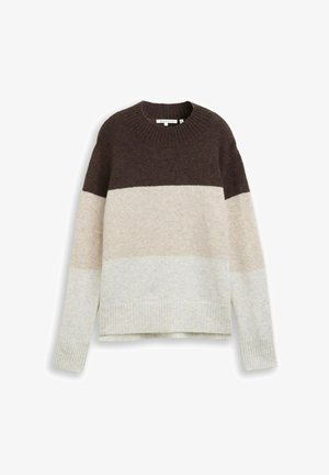 Gebreide trui met een kleurblokontwerp in donkerbruin, beige en lichtgrijze strepen. Ribgebreide halslijn en manchetten. Zachte textuur.