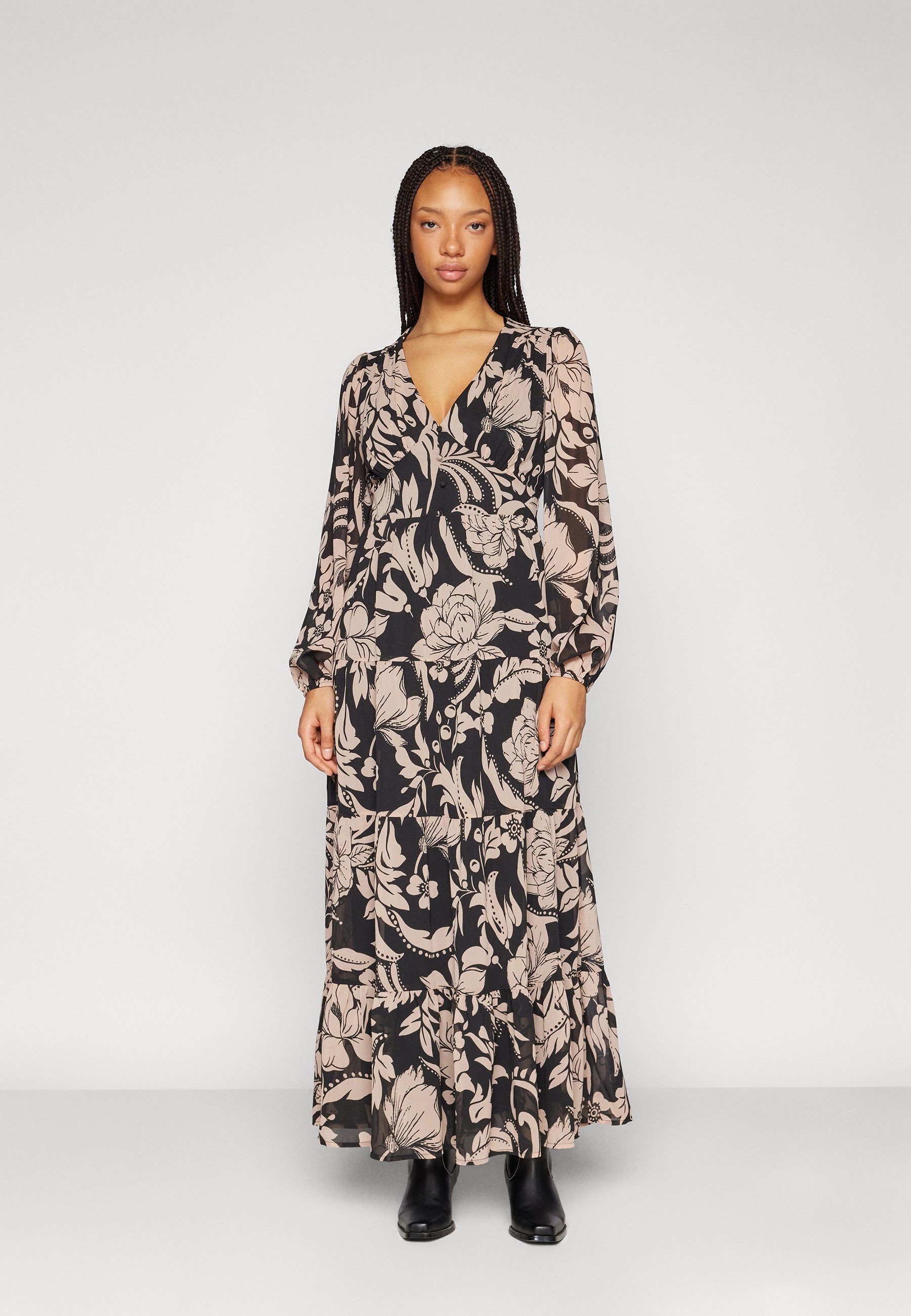 YAS Yassavanna Abito Lungo Camicia Donna, Maniche 3/4 E Scollo A V, Taglio Largo In Viscosa, Nero - Taglia M