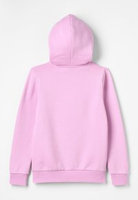 Sudadera con capucha de color rosa claro, de manga larga, con puños y cintura acanalados, vista desde la parte posterior sobre un fondo blanco.