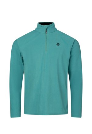 Pullover in pile teal a maniche lunghe con zip fino a un quarto e piccolo logo nero sul petto sinistro su sfondo bianco.