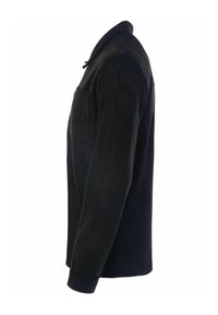 Giacca in suede nera con colletto, taschino sul petto e maniche lunghe. Texture liscia con silhouette su misura.