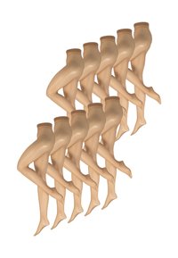 Nude-farvede strømpebukser vist i en forskudt opsætning, der fremhæver den glatte tekstur, bløde finish og en talje ved toppen.