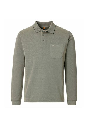 Grå poloshirt med lange ærmer, tre knapper, brystlomme og krave med mørk kantdetalje.